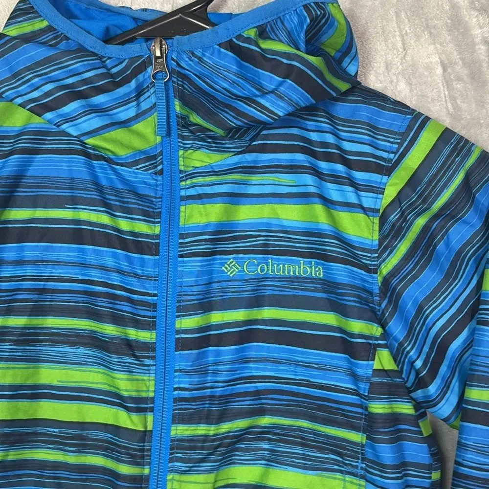 Columbia Green Blue Striped Hooded Lightweight Jacket With Pocket Size XXS (4/5)